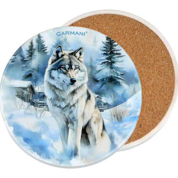 Kpl. 5 podkładek ceramicznych, okrągłych - Zimowe zwierzęta - Wilki (CARMANI)
