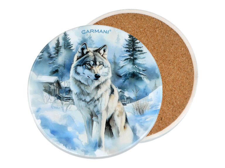 Kpl. 5 podkładek ceramicznych, okrągłych - Zimowe zwierzęta - Wilki (CARMANI)
