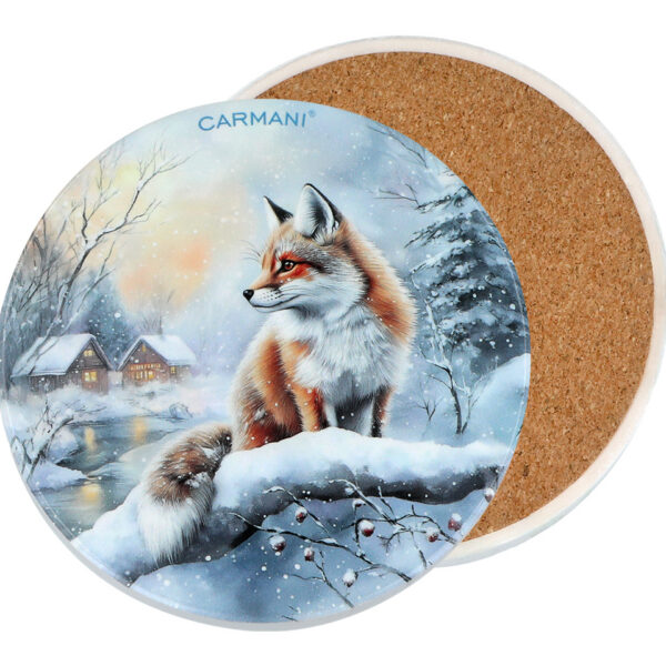 Kpl. 5 podkładek ceramicznych, okrągłych - Zimowe zwierzęta - Lisy (CARMANI)
