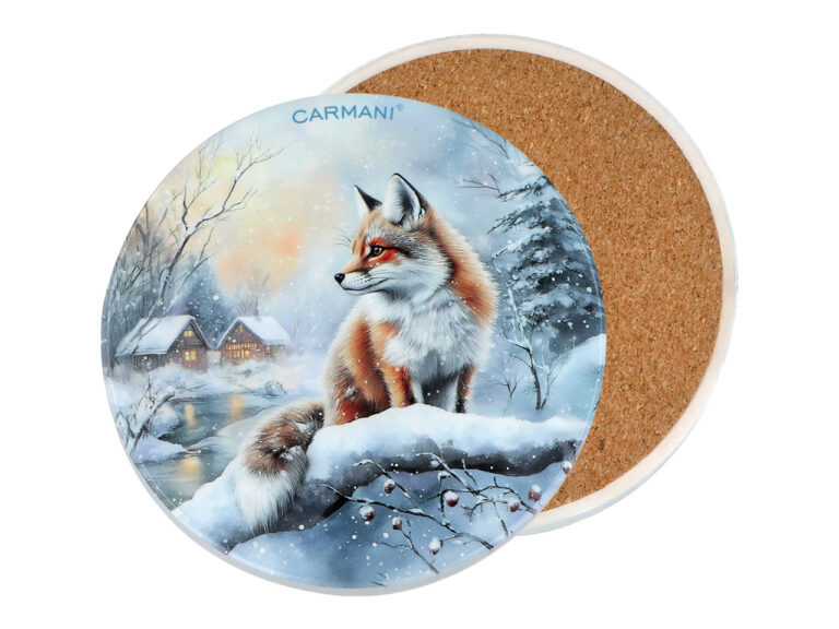 Kpl. 5 podkładek ceramicznych, okrągłych - Zimowe zwierzęta - Lisy (CARMANI)
