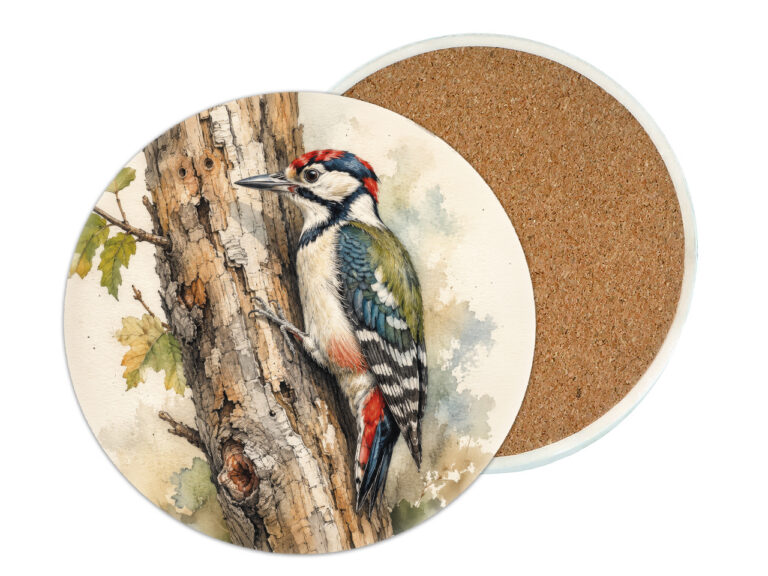 Podkładka ceramiczna, okrągła - Ptaki, Dzięcioł (CARMANI)