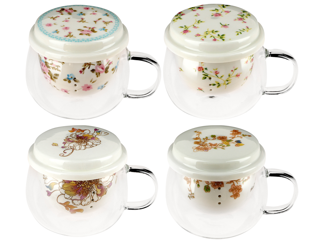Kubek szklany z ceramicznym zaparzaczem i przykrywką.
